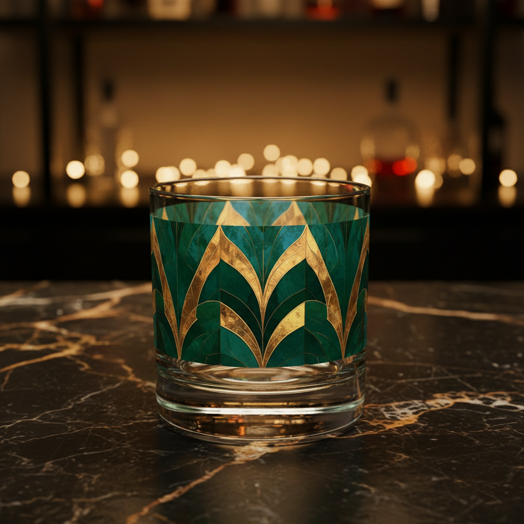 Emerald Royale rocks glass with decorative teal and gold pattern on a dark marble surface, blurred bar background.