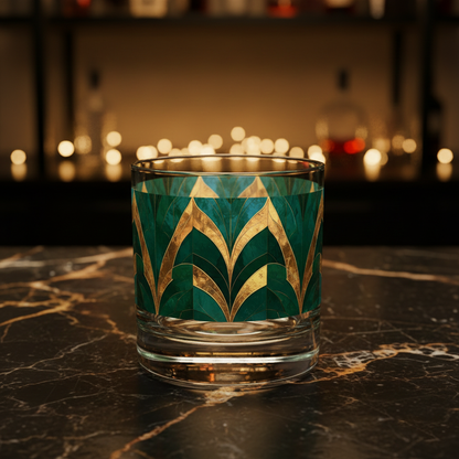 Emerald Royale rocks glass with decorative teal and gold pattern on a dark marble surface, blurred bar background.