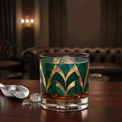 Emerald Royale rocks glass of whiskey with decorative green and gold pattern on a wooden table with blurred background.