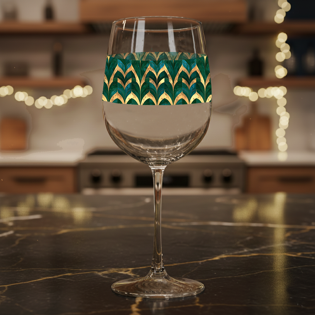 Emerald Royale tall wine glass with green and gold pattern on a dark marble surface with a blurred background