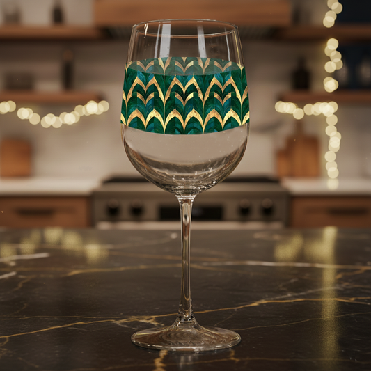 Emerald Royale tall wine glass with green and gold pattern on a dark marble surface with a blurred background