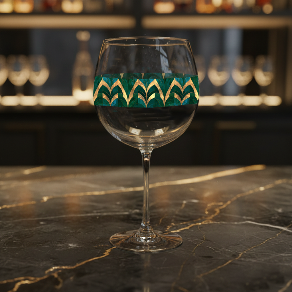 Emerald Royale balloon wine glass with green and gold pattern on a dark marble surface with blurred bar background