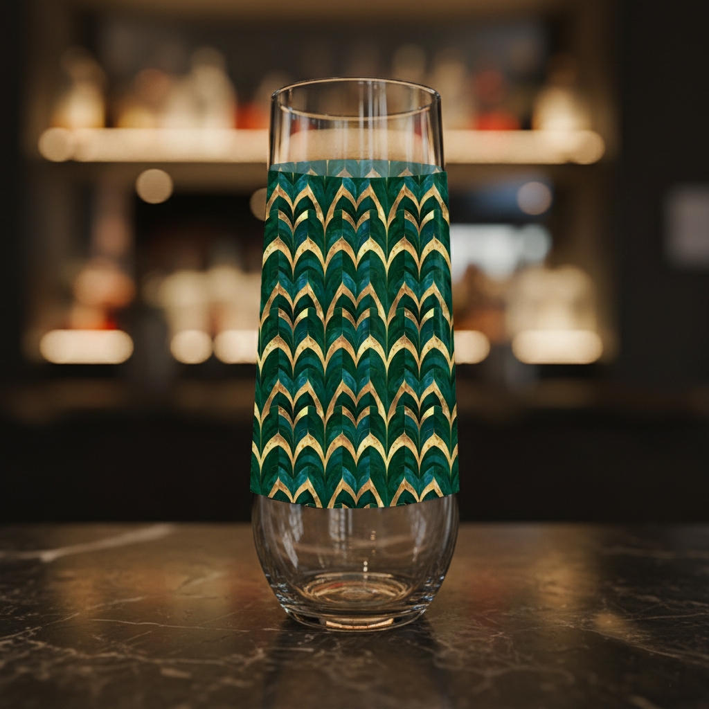 Emerald Royale stemless champagne clear glass with green and gold pattern on a dark marble surface and blurred background.