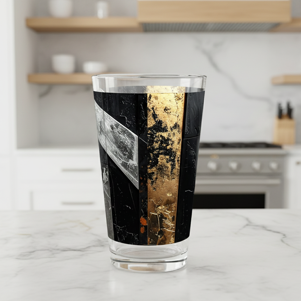 Fresco Fragments black, gold, and silver decorative design pint beer glass on a kitchen counter