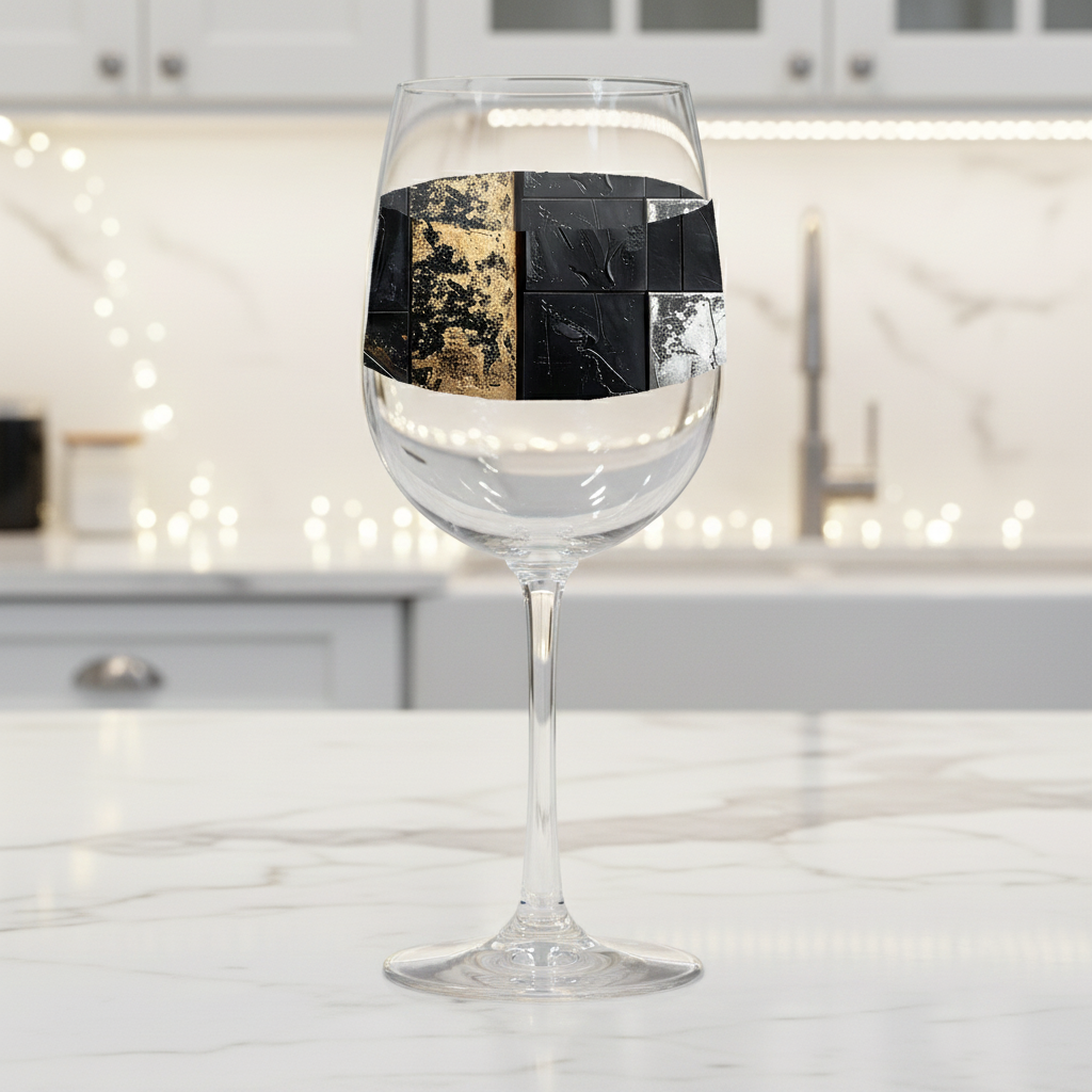 Fresco Fragnments ,ged black, gold, silver desgin, tall wine glass on a marble surface in a kitchen setting.