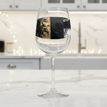 Fresco Fragnments ,ged black, gold, silver desgin, tall wine glass on a marble surface in a kitchen setting.
