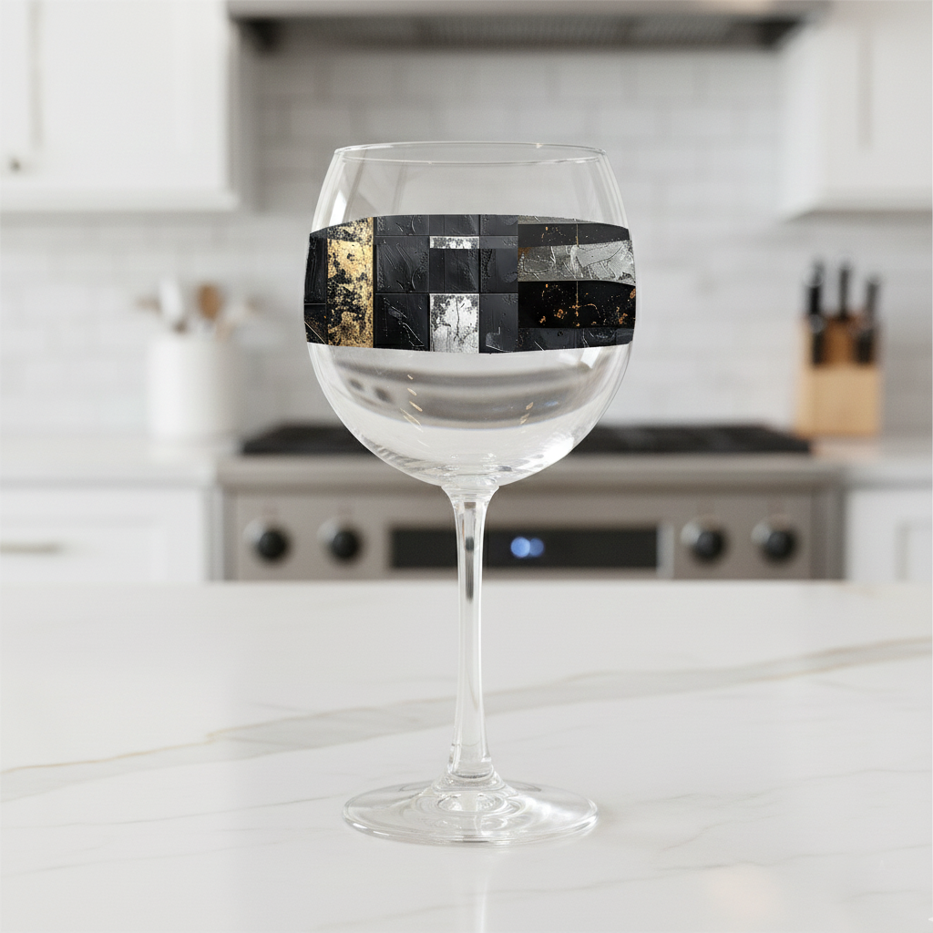 Freseco Fragments balloon wine glass with a band of aged patina fragments design on a kitchen counter