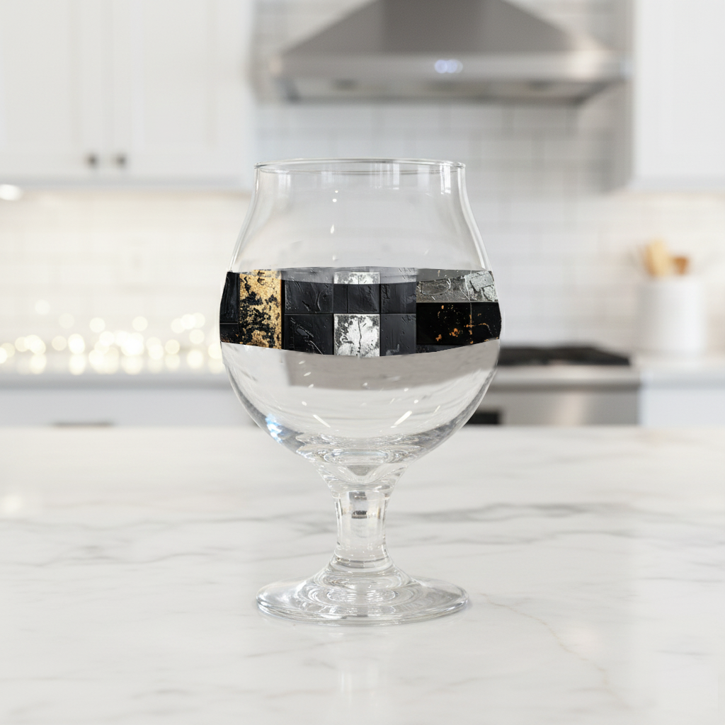 Fresco Fragments Belgian beer glass with black and gold pattern on a kitchen counter
