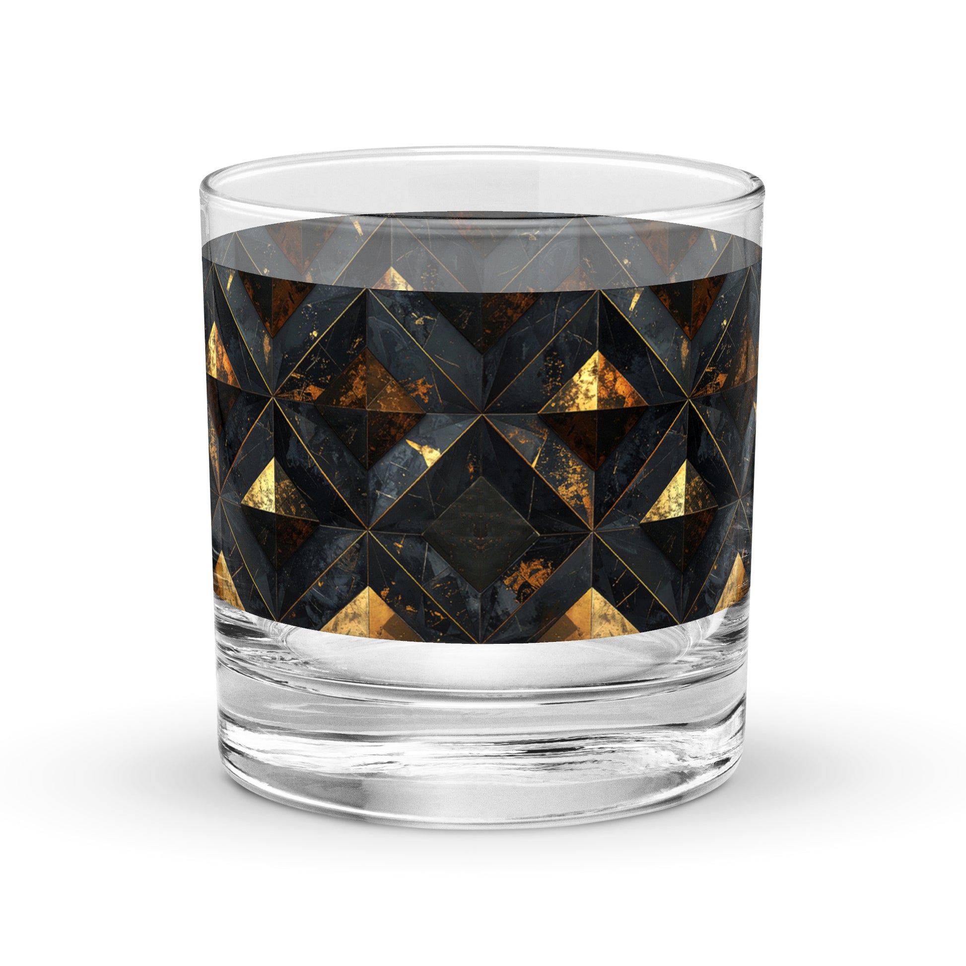 Rock glass with black and gold geometric pattern on a white background