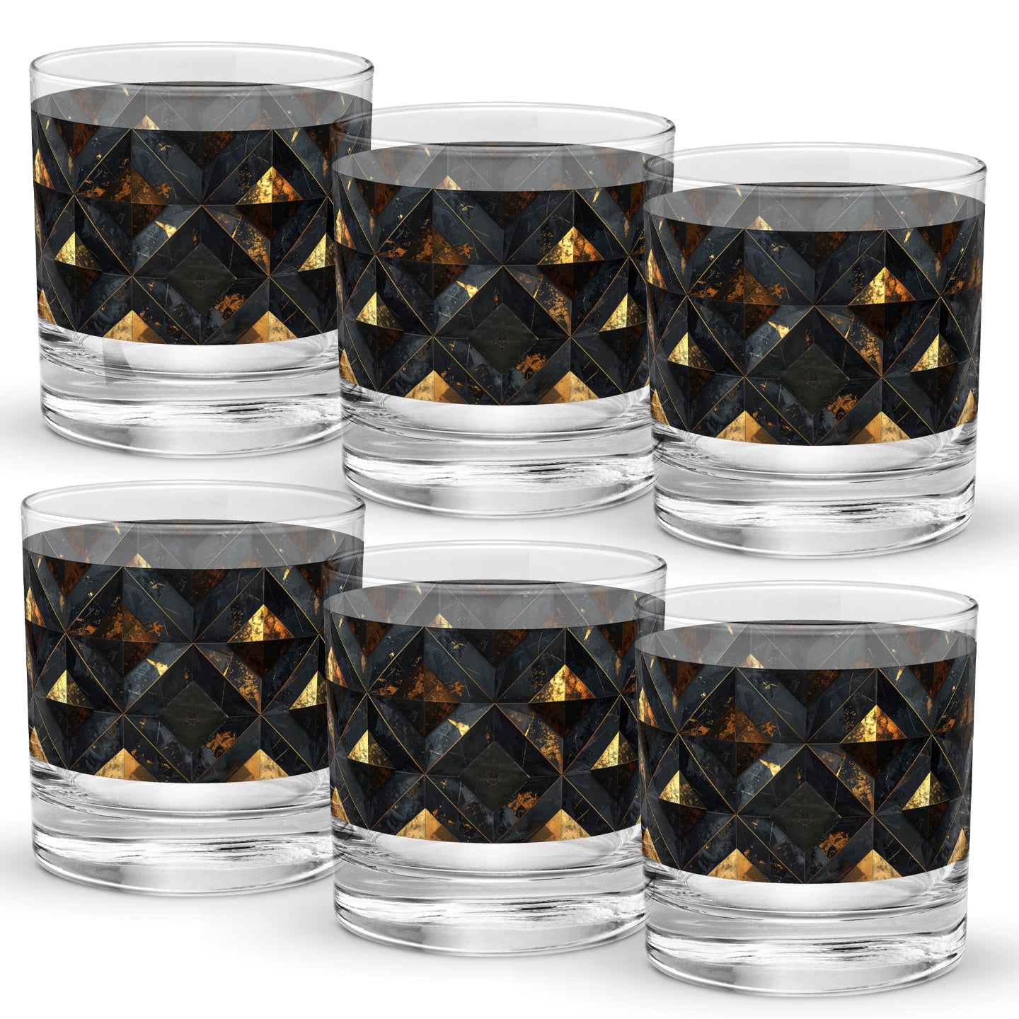 Set of six rock glasses with black and gold geometric pattern on a white background