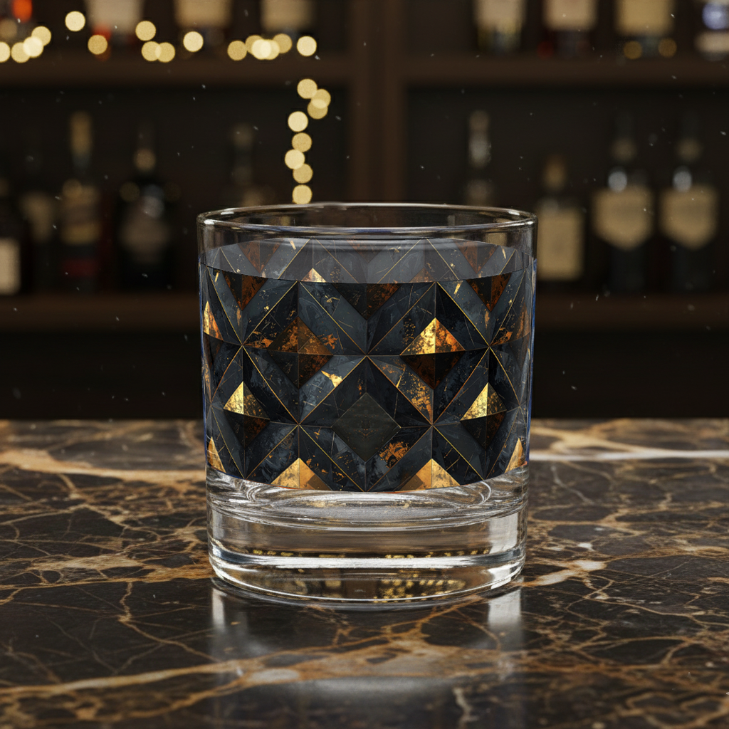 Gilded Decay rocks glass with a charcoal and gold geometric pattern on a marble surface with blurred bar background