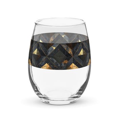 Clear glass stemless wine glass with geometric black and gold design on a white background