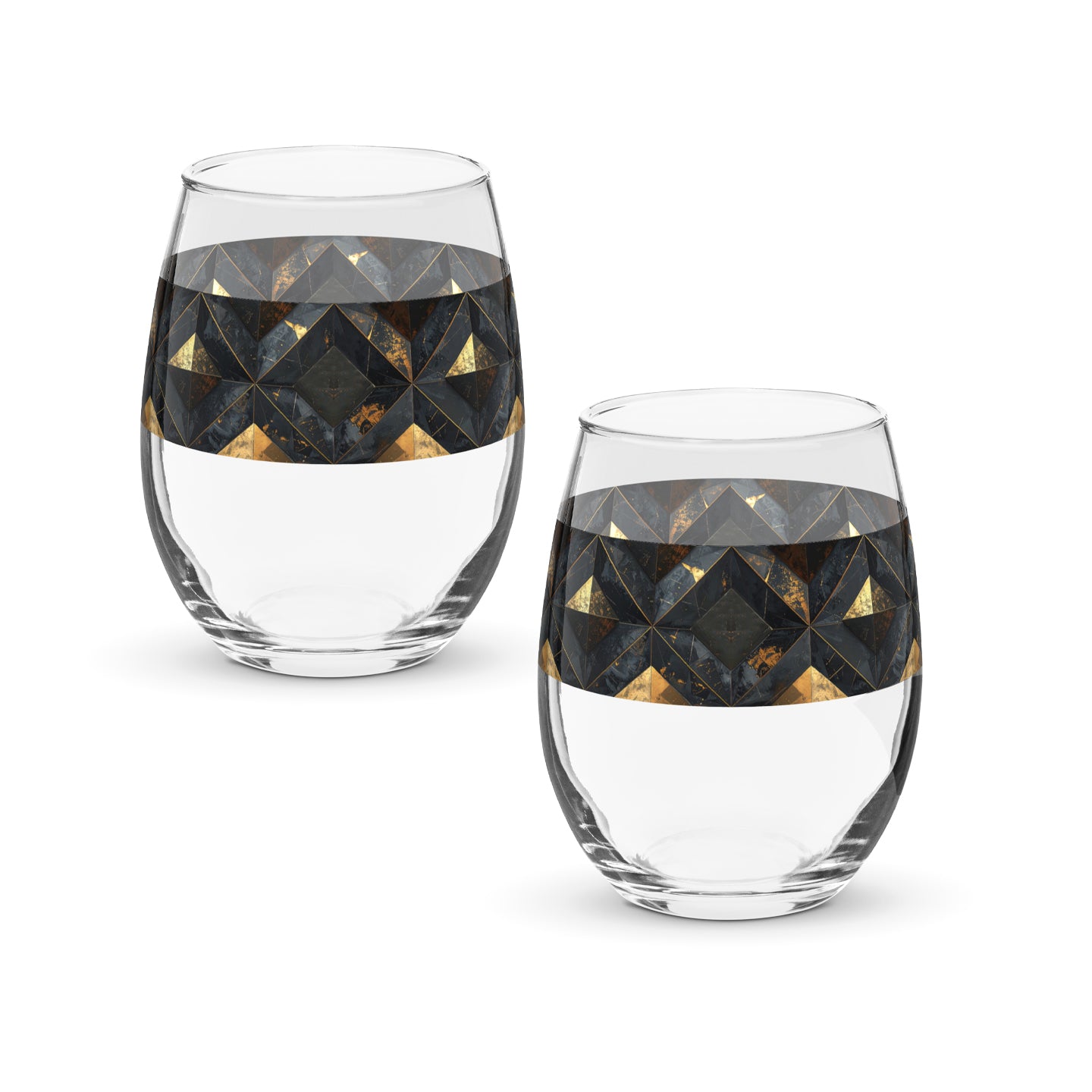 Two clear stemless wine glasses with geometric black and gold pattern on a white background