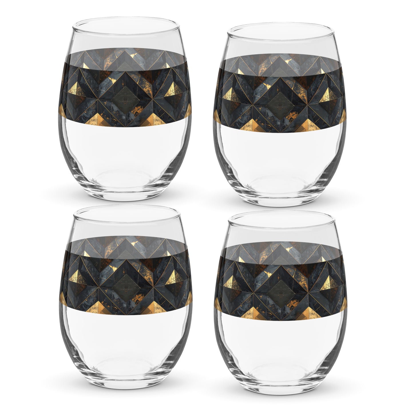 Four clear stemless wine glasses with black and gold geometric design on a white background.