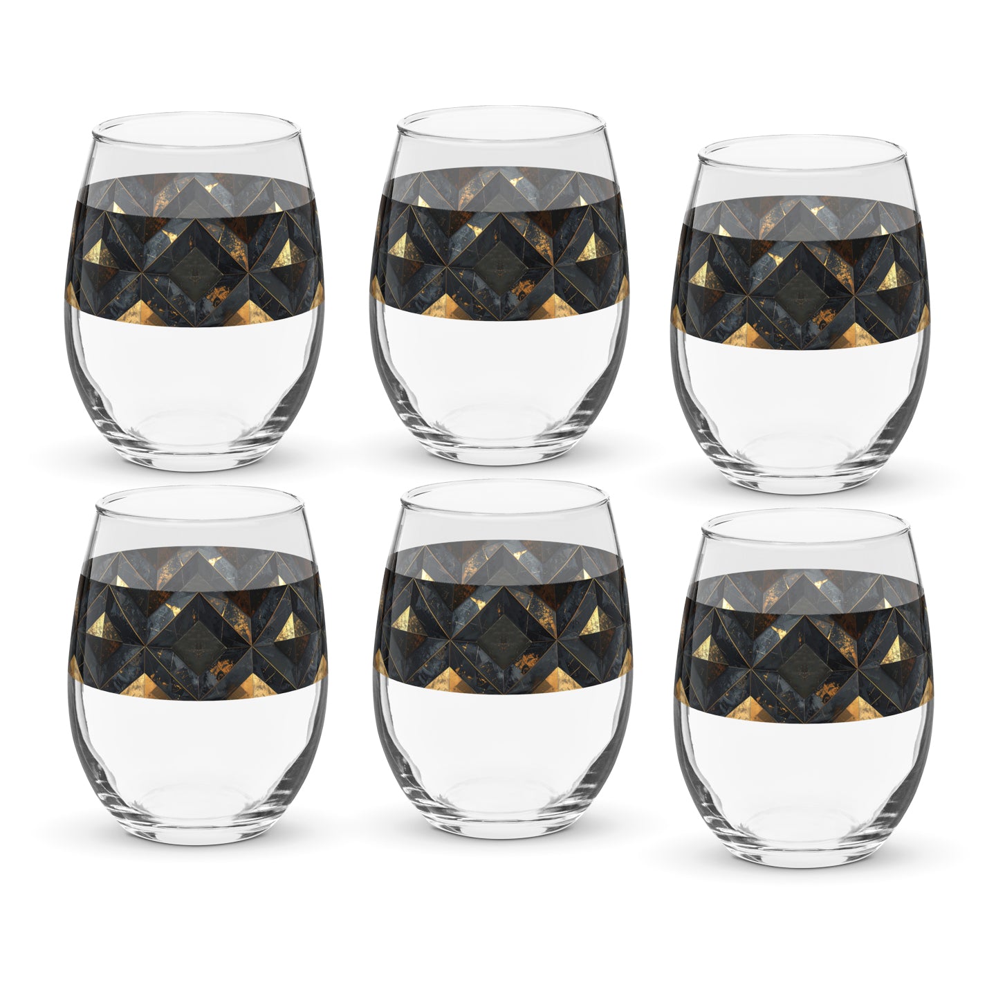 Set of six clear stemless wine glasses with black and gold geometric pattern on a white background