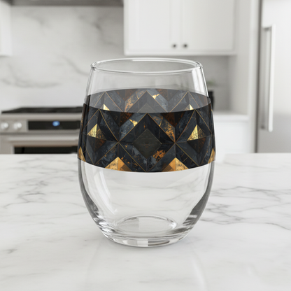 Gilded Decay stemless wine glass with charcoal and gold geometric pattern on a textured gray background