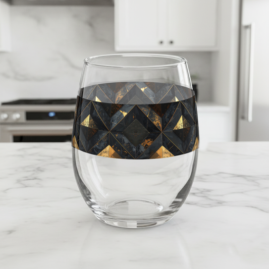 Gilded Decay stemless wine glass with charcoal and gold geometric pattern on a textured gray background