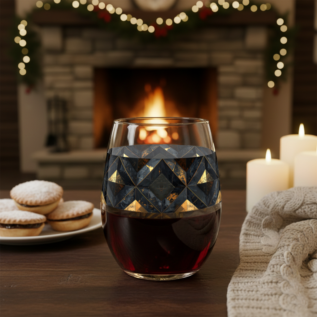 Gilded Decay stemless glass of red wine with charcoal and gold geometric pattern, cookies, and candles on a table in front of a fireplace.