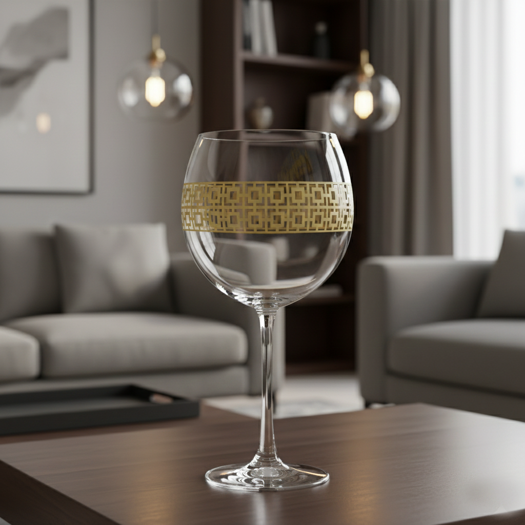 Luxe Gold wiine glass with gold lattice pattern on a table in a modern living room.