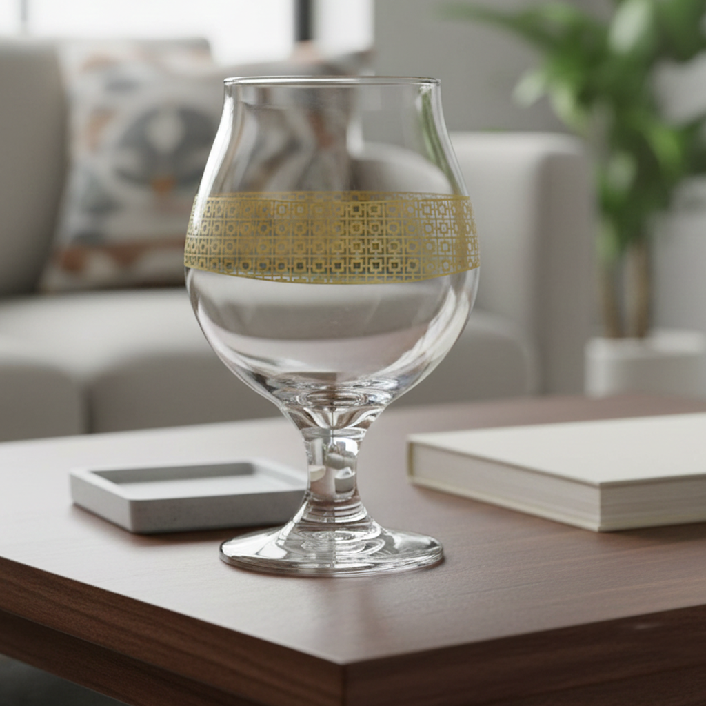 Luxe Gold Belgian beer glass with a gold lattice design on a wooden table in a living room setting