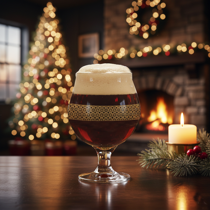 Luxe Gold Belgian glass with stout and foam head in a lattice design sitting on a table with a Christmas tree and fireplace in the background 