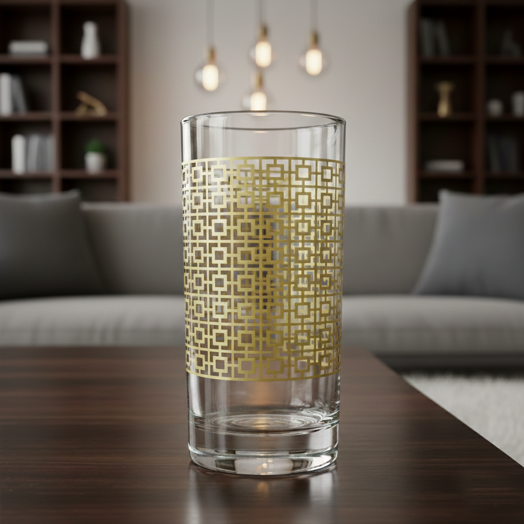 Luxe Gold highball glass with lattice design on a wooden table in a living room setting