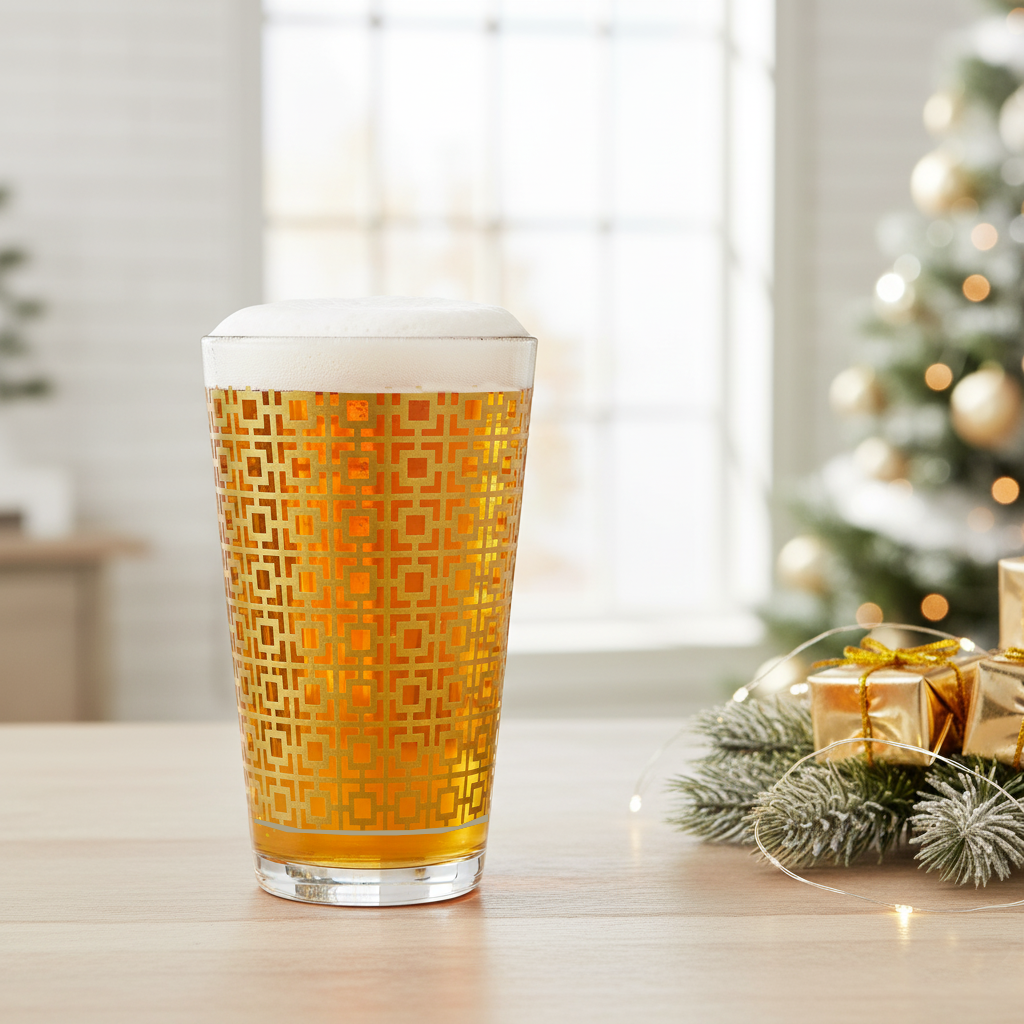Luxe Gold pint glass with a geometric design filled with beer, and a Christmas tree and presents in the background.