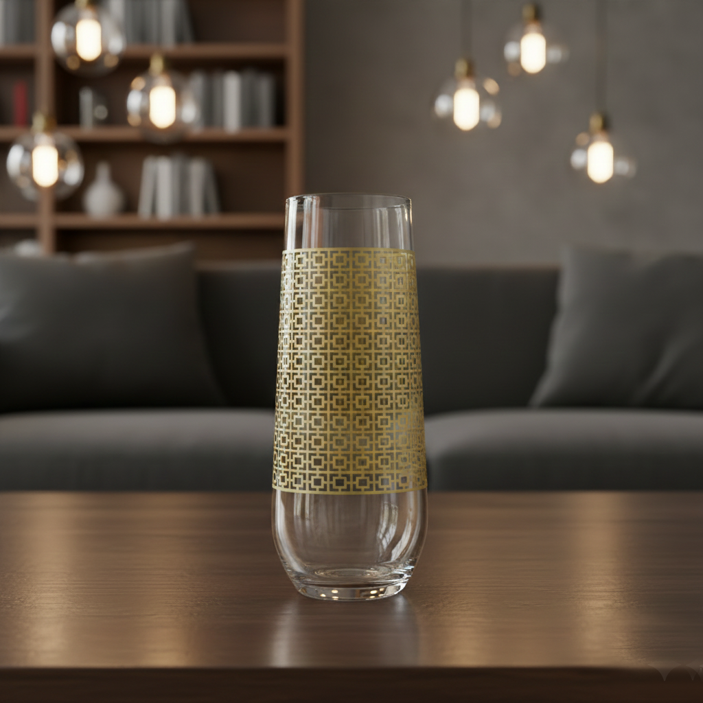 Luxe Gold stemless champagne flute glass with Art-Deco design on a wooden table in a living room setting