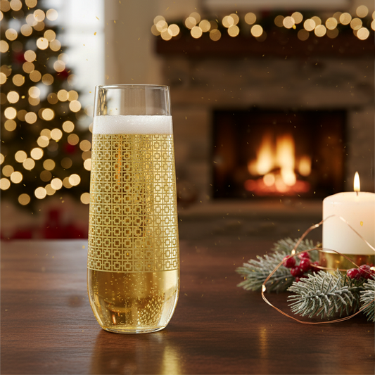 Luxe Gold stemless flute glass of sparkling champagne in an Art-Deco design on a table with a Christmas tree and fireplace in the background