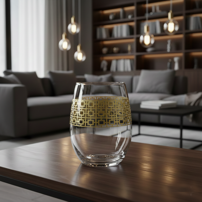 Luxe Gold stemless wine glass with gold geometric pattern on a wooden table in a modern living room.