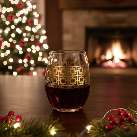 Luxe Gold stemless wine glass filled with red wine with gold geometric design on a table in front of a Christmas tree and fireplace.