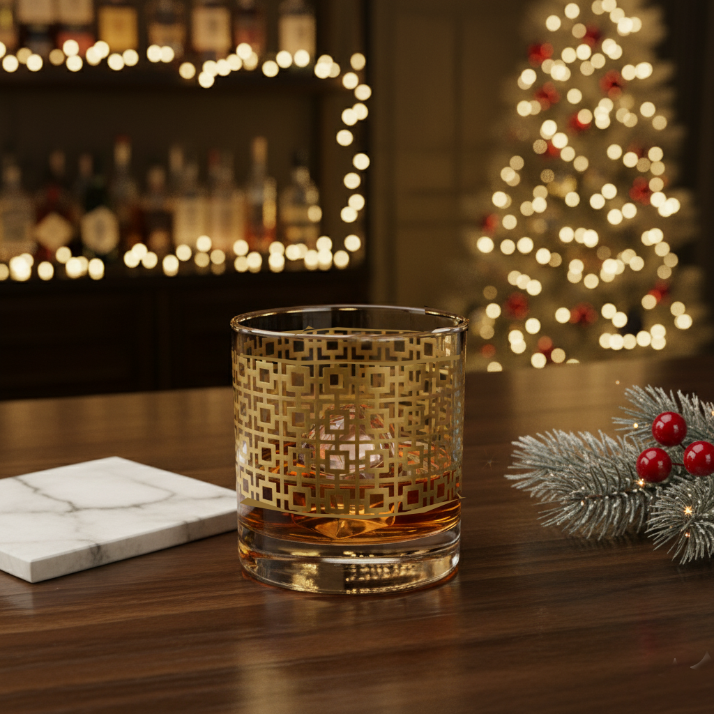 Luxe Gold rocks glass of whiskey with an Art-Deco lattice design sitting on a coffee table, Christmas tree and fireplace in the background