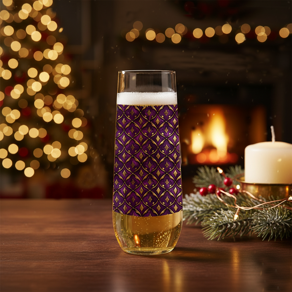 Royal Opulence stemless flute glass filled with champagne in a plum and gold design on a table with a candle, a blurred background tree, lights and fireplace