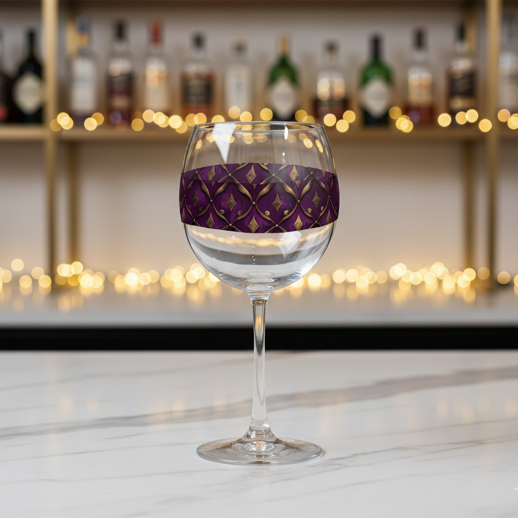 Royal Opulence balloon wine glass with plum and gold design on a marble counter with blurred bottles and lights in the background