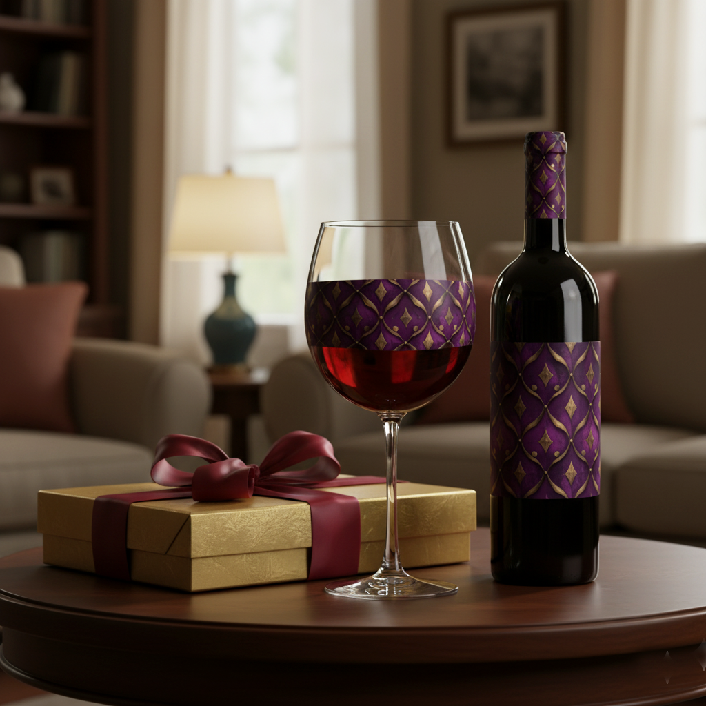 Royal Opulence balloon wine glass and a decorative plum and gold design, plus a matching wine bottle label and a gold gift box n a table in a cozy setting