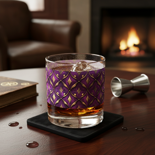 Royal Opulence rocks glass of whiskey with a plum and gold design on a wooden table, with a blurred fireplace in the background.