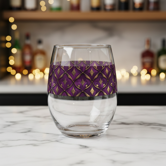 Royal Opulence stemless wine glass with plum and gold decorative design on a marble surface, blurred bar background