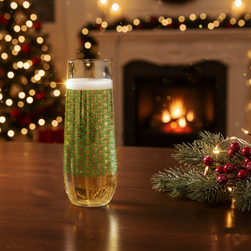 Green Deco stemleess flute glass of champagne with festive Art-Deco fan design nd a fireplace and Chrsitmas tree in the backgtound