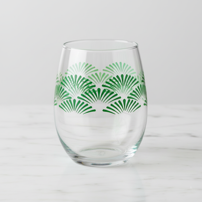 Green Deco stemless wine glass with an Art-Deco fan design on a white background