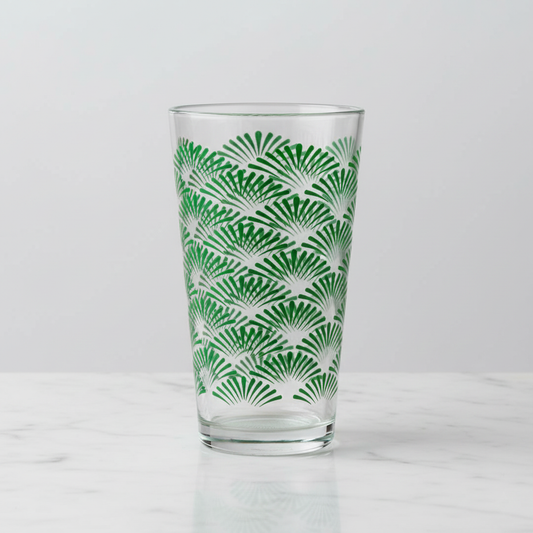 Green Deco pint glass with an Art-Deco green design on a white background