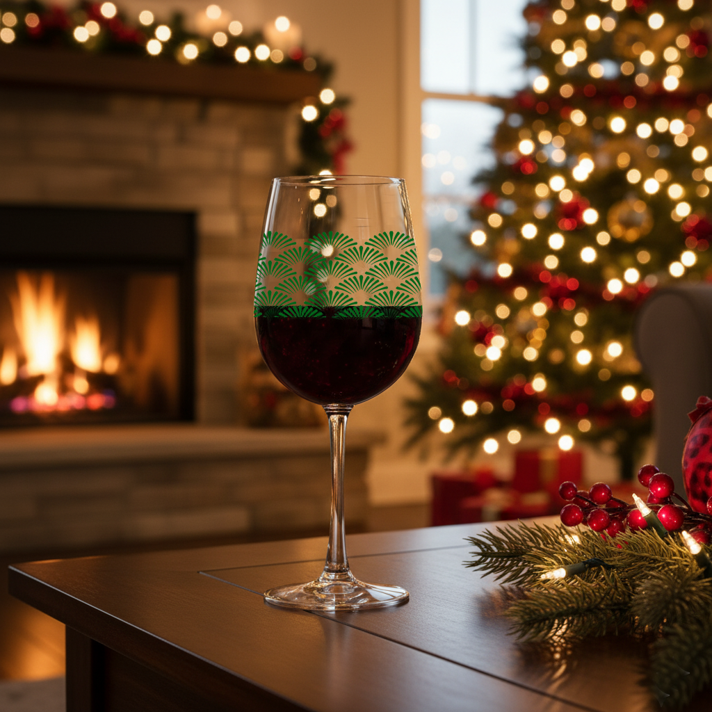 Green Deco tall wine glass in a fan-motif design on a table  in front of a Christmas tree and fireplace.