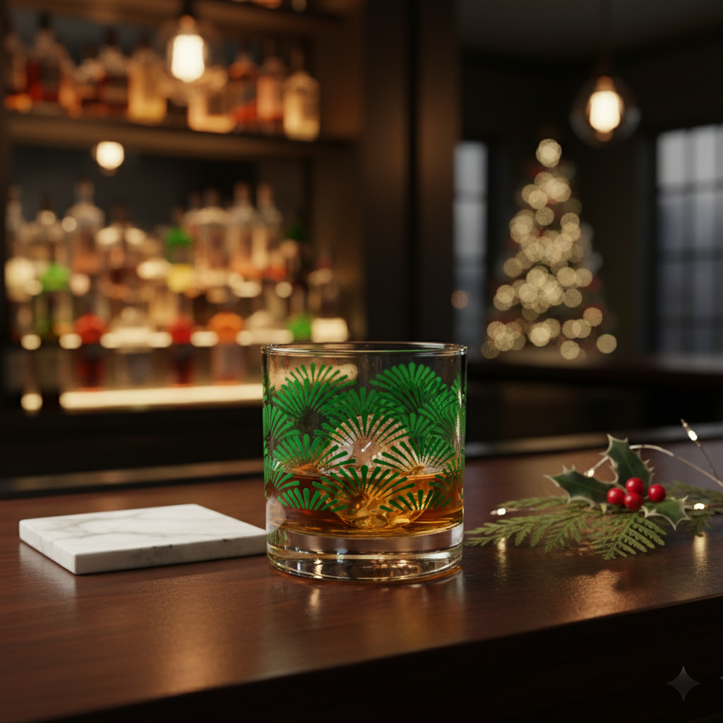 Green Deco rocks glass of whiskey with Art-Deco elements on a bar counter, Christmas tree in the background