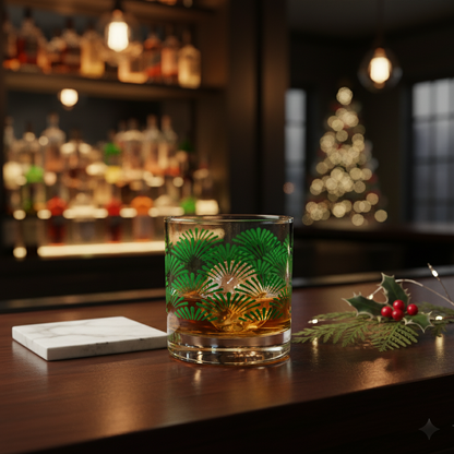 Green Deco rocks glass of whiskey with Art-Deco elements on a bar counter, Christmas tree in the background