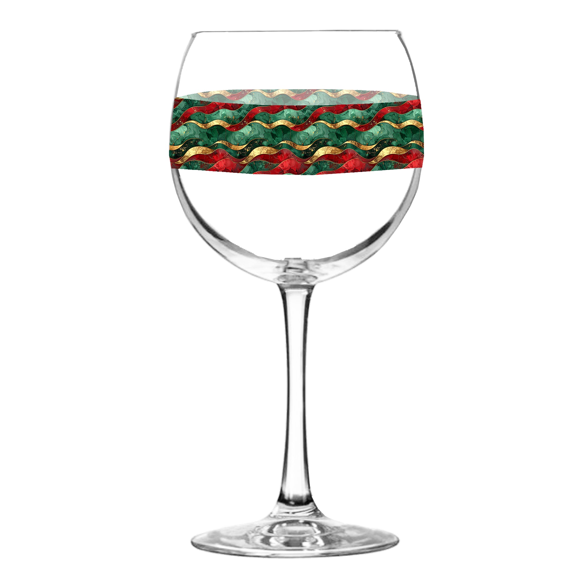 Balloon wine glass with a decorative band featuring red, green, and gold patterns on a white background