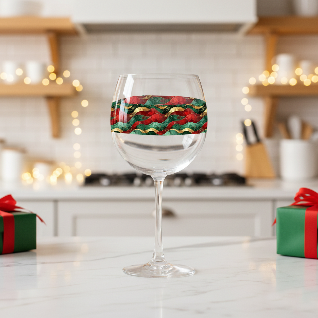 Royal Flux balloon wine glass with red, green, and gold wavy design on countertop in a kitchen setting with blurred lights and gift boxes.