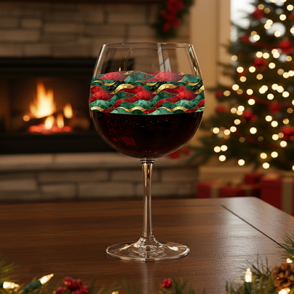 Royal Flux balloon wine glass with green, red, and gold design filled with red wine, placed on a table with a Christmas tree and fireplace in the background.