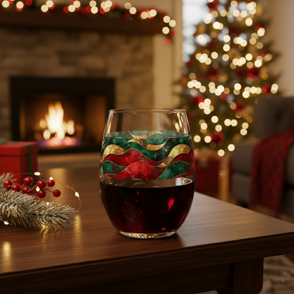 Rpyal Flux stemless wine glass with green, red, and gold wavy pattern on a table in a festive room with a fireplace and Christmas tree in the background.