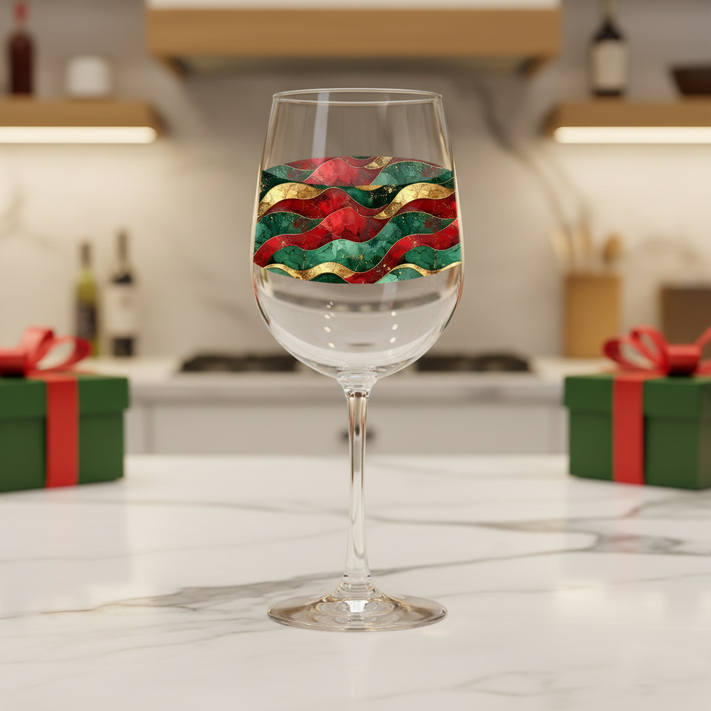 Royal Flux tall wine glass with green, red, and gold wavy design on a marble kitchen counter with green gift boxes and blurred background.