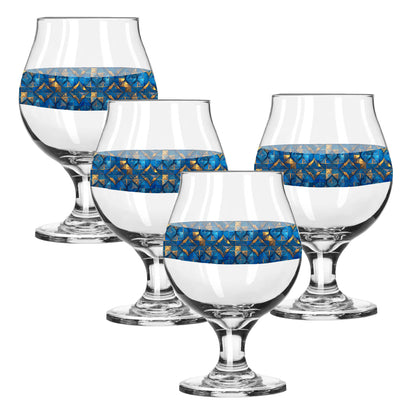 Set of four Belgian beer glasses with turqoise and gold geometric design on a white background