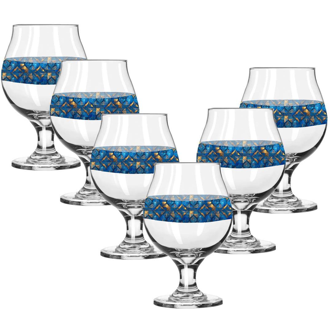 Set of six Belgian beer glasses with turqoise and gold geometric design on a white background